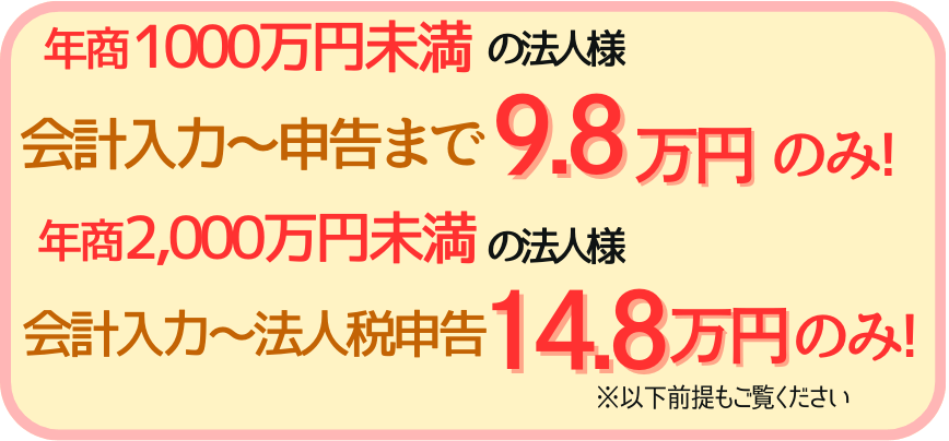 会計入力から申告まで、年商1000万/2000万未満の法人様限定の決算特別料金