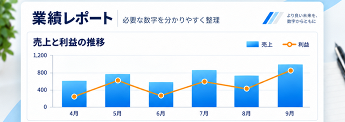 会社の数字を一目で。売上、利益、経費の動きを分かりやすいグラフで見える化。