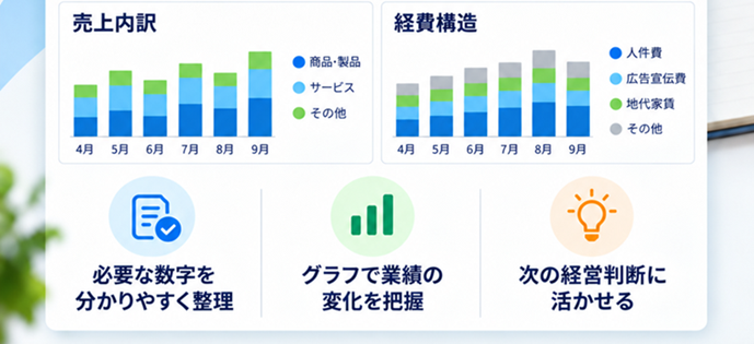 売上内訳、経費構造グラフ。必要な数字を分かりやすく把握。